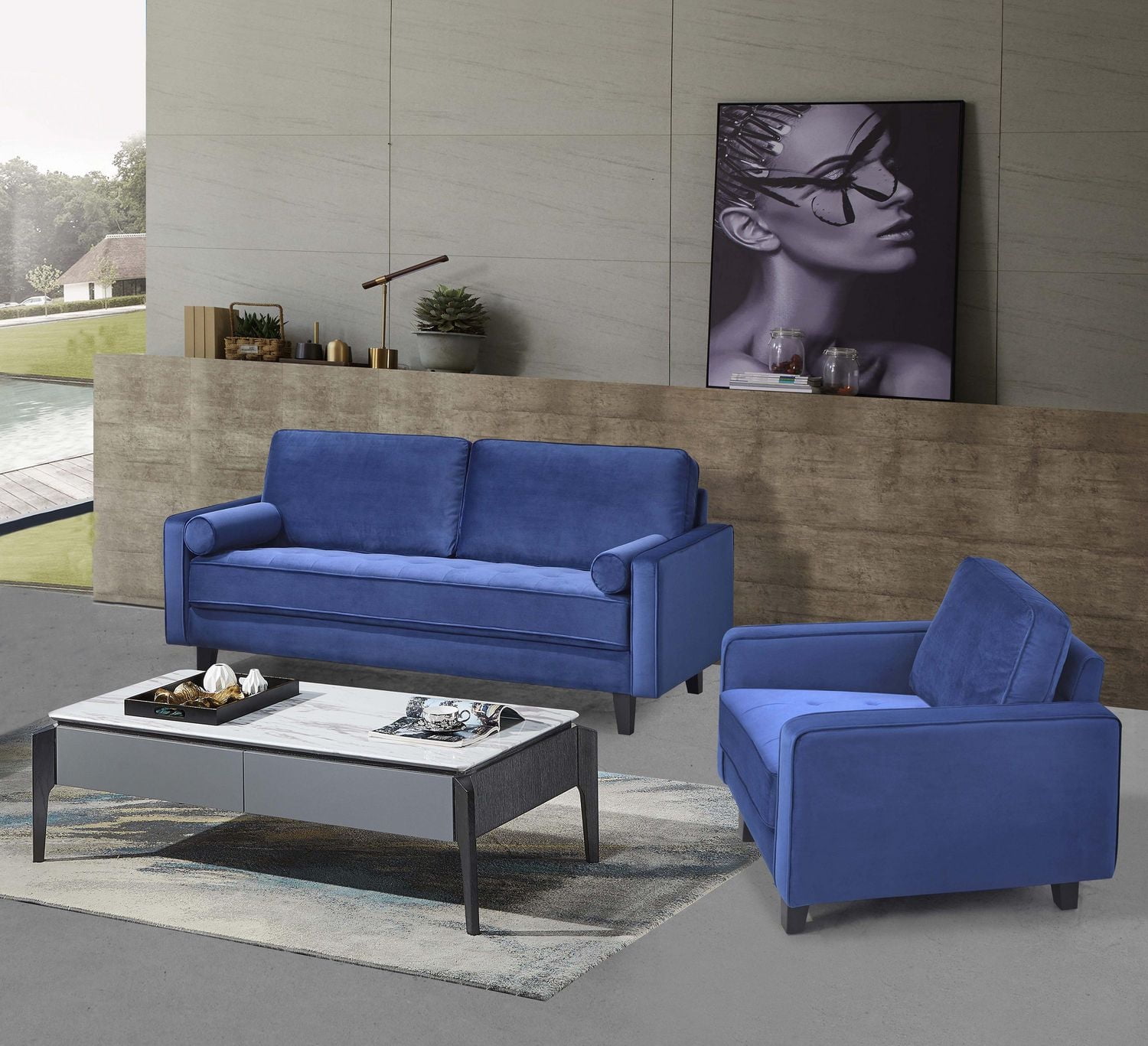 Topline Home Furnishings 2-piece Set: Sofa & Chair, Blue Velvet