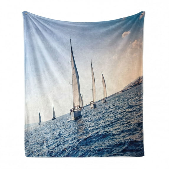 Nautical Soft Flannel Fleece Blanket, Racing Sailboats in Mediterranean Sea Adventure Winner Sports Freedom Photo Print, Cozy Plush for Indoor and Outdoor Use, 50" x 60", Blue White, by Ambesonne