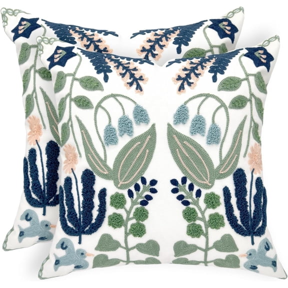 MORAVE Summer Floral Embroidered Decorative Throw Pillow Covers, Set of 2 18"x18" Cotton Cushion Cases, Farmhouse Navy Blue Flowers Green Leaves Tufted Pattern, ideal for Couch Bed Living Room Decor