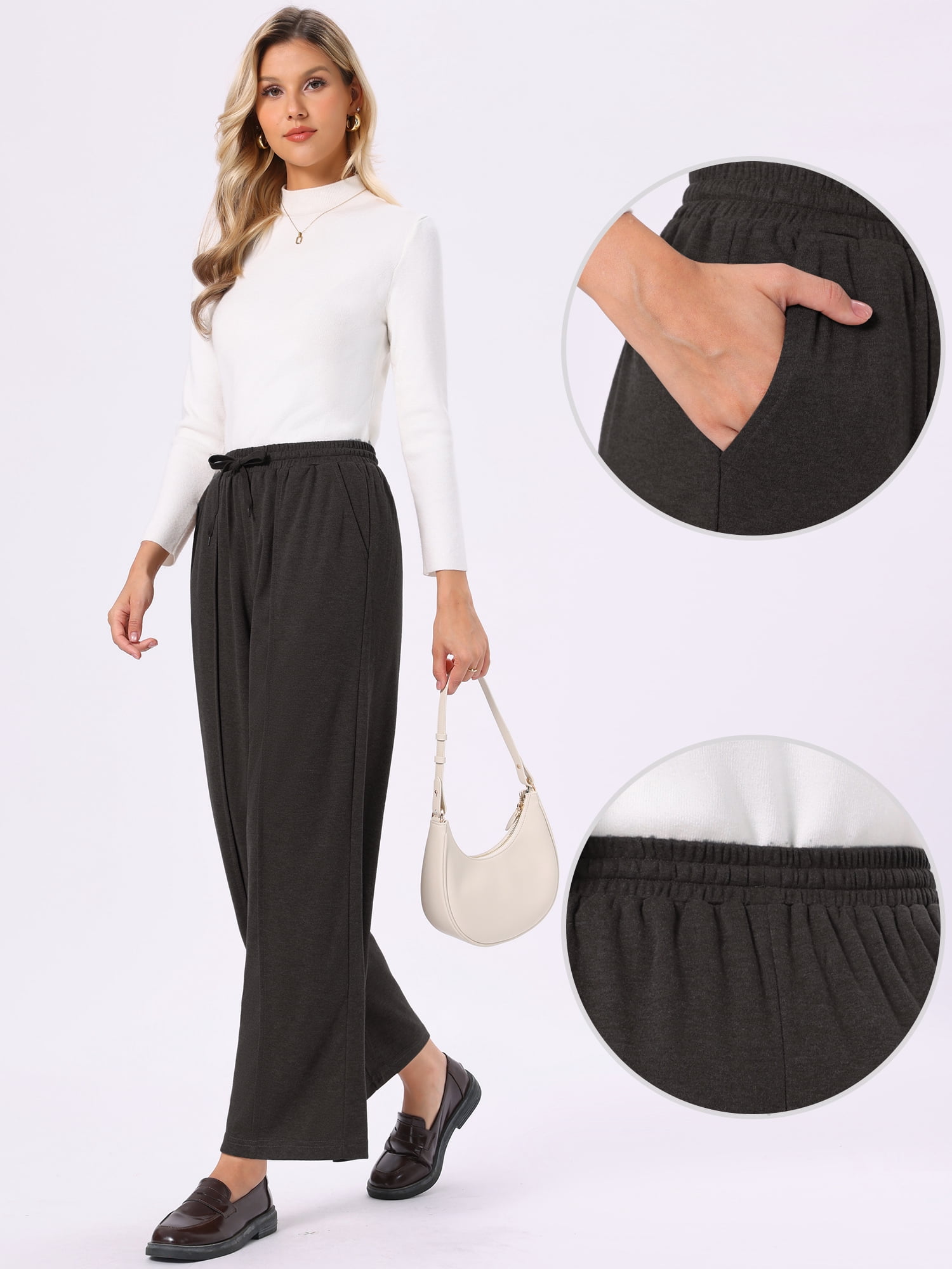 DARING DIVA Women's Wide Leg Pants Drawstring Waist Pockets Trousers L Dark Coffee