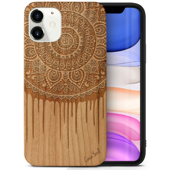 Case Yard Wooden Case Outside Soft TPU Silicone Slim Fit Shockproof Wood Protective Phone Cover for Girls Boys Men and Women Supports Wireless Charging Dripping Mandala Design case for iPhone-12-Mini