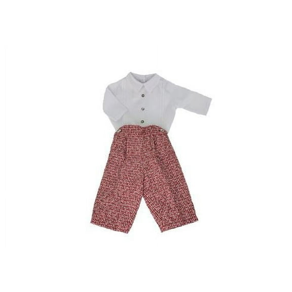Boys Set, Long Sleeve White Cotton Shirt  & Red Tweed Wool Trousers Set
