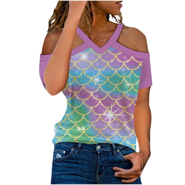 Tops con estampado de hombros descubiertos de manga corta con cuello en V para mujer Pompotops hkajfhjk466930