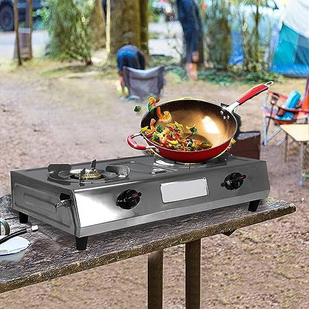 Sonret gas stove portable 2 burner, double gas stove stainless steel camping stove -propane portable cooktop indian style gas stove For Cooking Outdoor on 2 burner gas stove - With Hose & Regulator