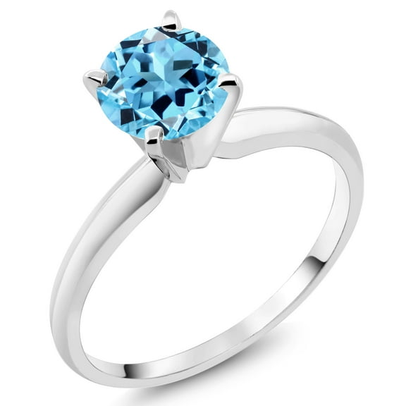 Gem Stone King 14K White Gold Swiss Blue Topaz Solitaire Engagement 4-Prong Ring for Women | 1.00 Cttw | Round 6MM | Gemstone November Birthstone (Size 6)