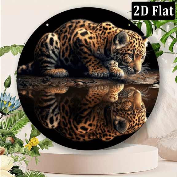 1pc Round Metal Wall Art - HD 2D Printed Leopard & Reflection Design, Durable Aluminum American-Style Decor for Home, Office, Bedroom, Living Room - Animal Theme Wall Hanging Decoration, 8*8inch