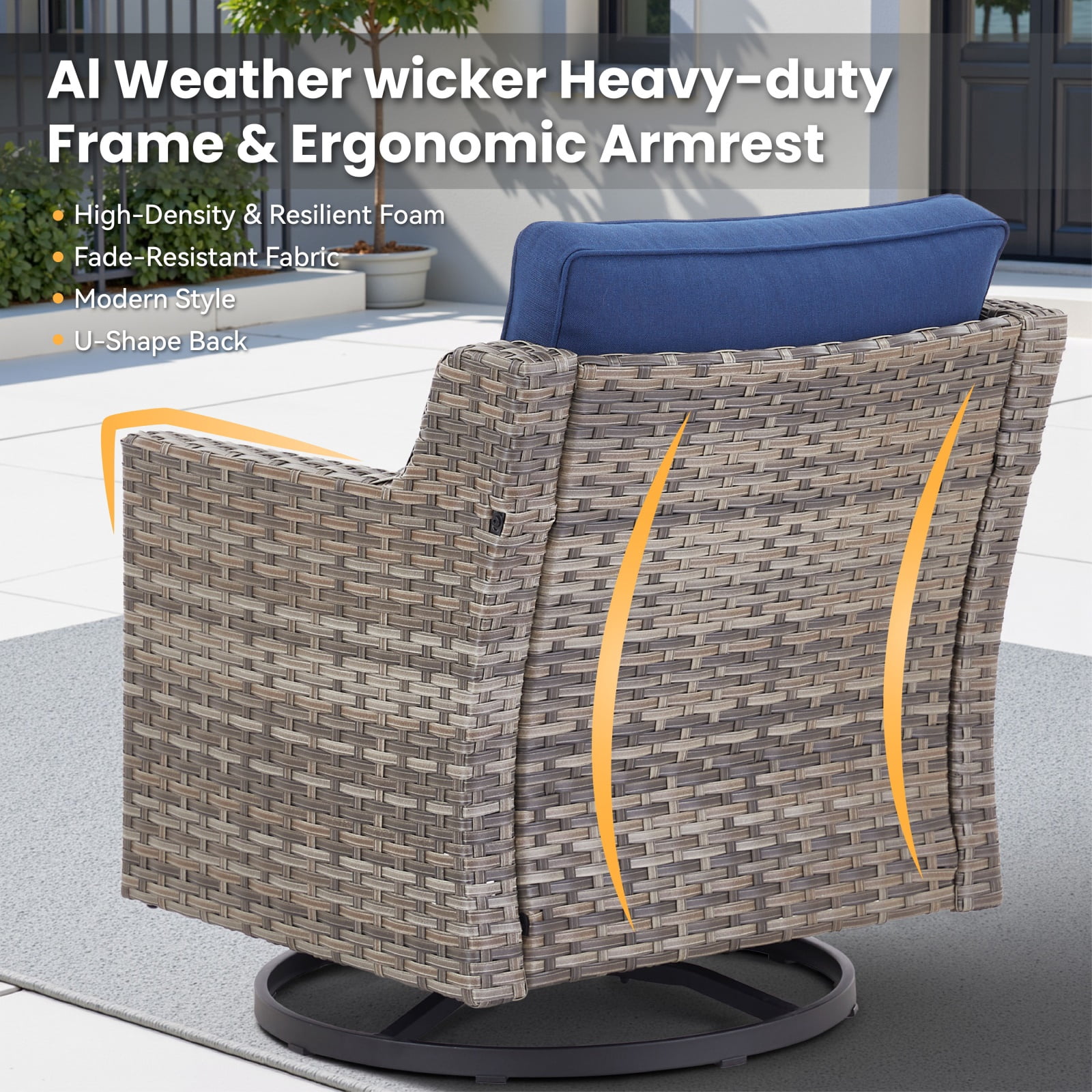 Hommoo 3-Piece Outdoor Patio Swivel Rocker Chairs, Patio Gray Wicker Furniture Swivel Chairs Set with Cushion, for Porch, Poolside, Deck, and Yard, Beige