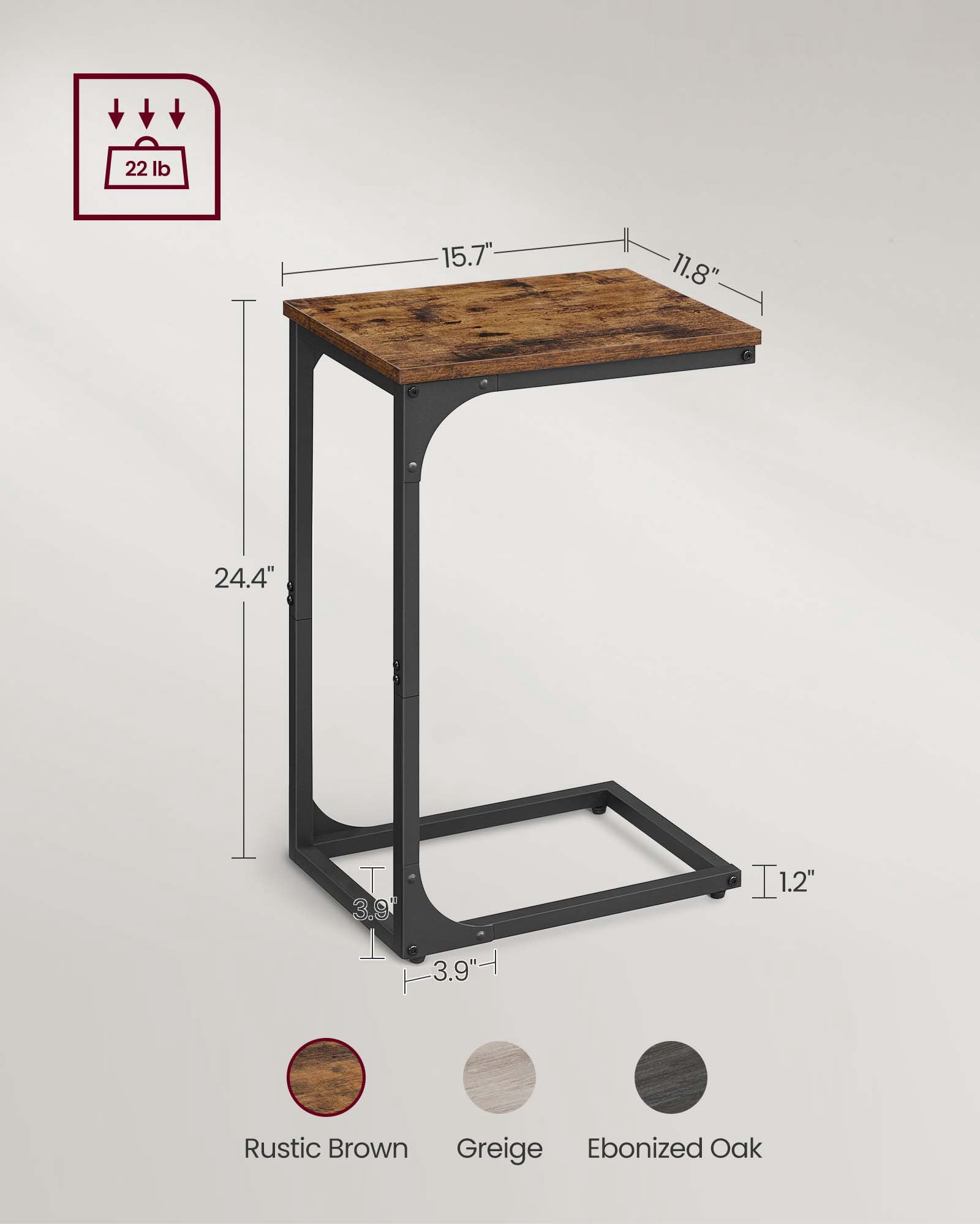 VASAGLE C-Shaped End Table Sofa Side Table Small Side Table for Couch for Living Room Bedroom Rustic Brown and Black