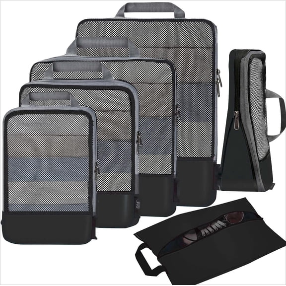 4/6/8 Set Compression Packing Cubes, Expandable Travel Packing Organizers with Half Mesh Panel (6-Black)