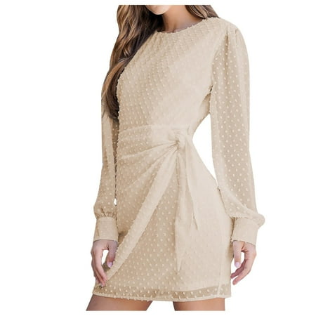Lilgiuy Women's Long Sleeve Bandage Draw Back Round Neck Casual Dress Beige Fall Dresses for 2022 Spring Winter