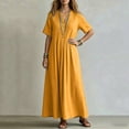 thumbnail image 6 of IUYRTFE Women's V Neck Short Sleeve Maxi Dress Cotton Linen Loose Fit Summer Casual Long Vacation Dress, 6 of 6