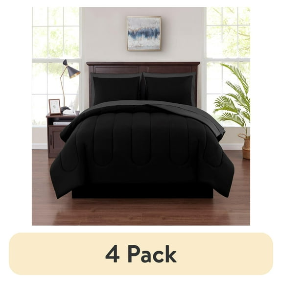 (4 pack) Mainstays 7 Piece Reversible Bed in a Bag Comforter Set with Sheets, Black, Full
