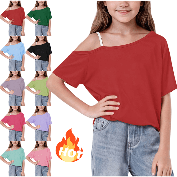 Mifsaly Girls Off Shoulder T-Shirts Loose Short Sleeve Kids Summer Tops Lightweight Comfortable Soft School Daily Wear Tee