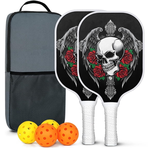 Pickleball Paddles Set Of 2, Fiberglass Surface, Skull & Tatoo Style, 4 Balls & Bag
