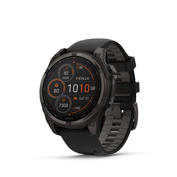 Montre intelligente GPS Garmin fēnix® 8 avec objectif en saphir solaire - 47 mm - Lunette en titane DLC gris carbone avec bracelet en silicone noir/gris galet