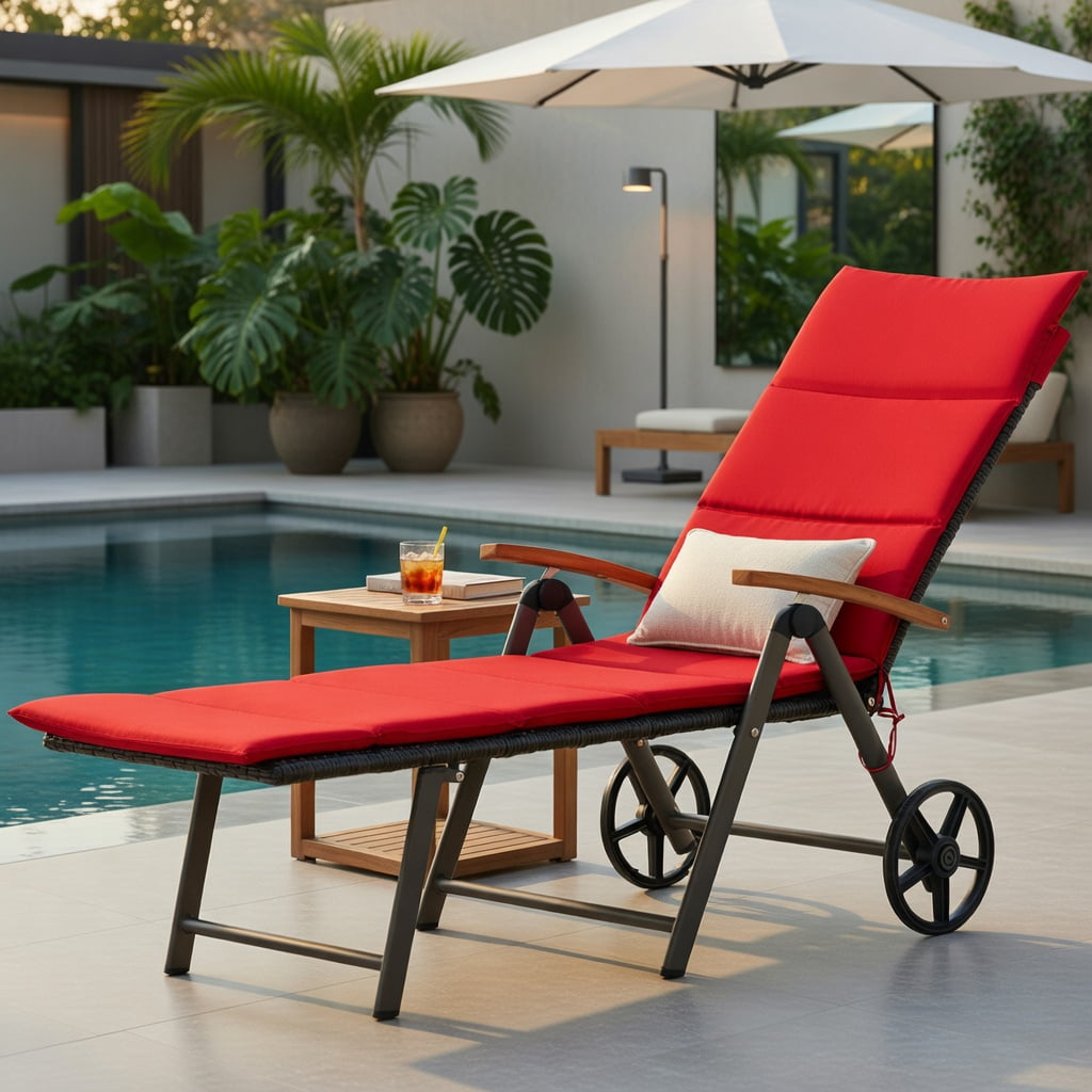 Hommoo Outdoor Rattan Chaise Lounge Chair with Adjustable Backrest & Wheels, PE Wicker Aluminum Frame, Foldable Sun Lounger for Patio, Pool, Deck, Red