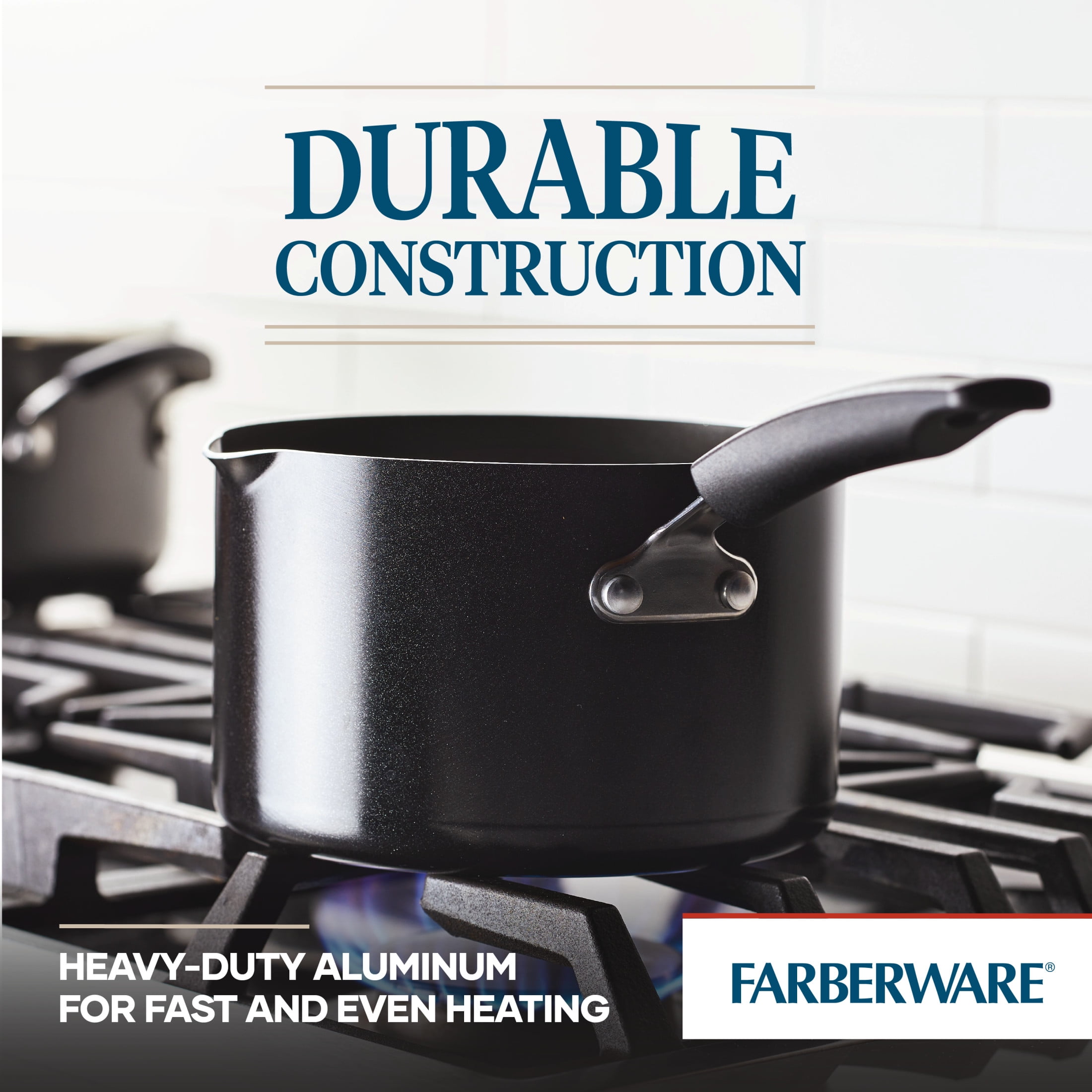 Farberware Easy Clean 3 qt Nonstick Straining Saucepan with Pouring Spout, Lid, Dishwasher Safe, Black