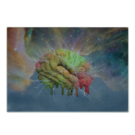 Psychedelic Cutting Board, Brain Storm Fantasy Visual Modern Mental Ethereal Energy Fiction, Decorative Tempered Glass Cutting and Serving Board, Small Size, Blue Pistachio, by Ambesonne