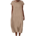 thumbnail image 2 of XUNKUSGA Maxi Dresses for Women Fashion Hollow Out Crewneck Short Sleeve Women's Dresses Loose Soft Cotton Linen Wedding Guest Dress with Pockets,Brown,S, 2 of 8