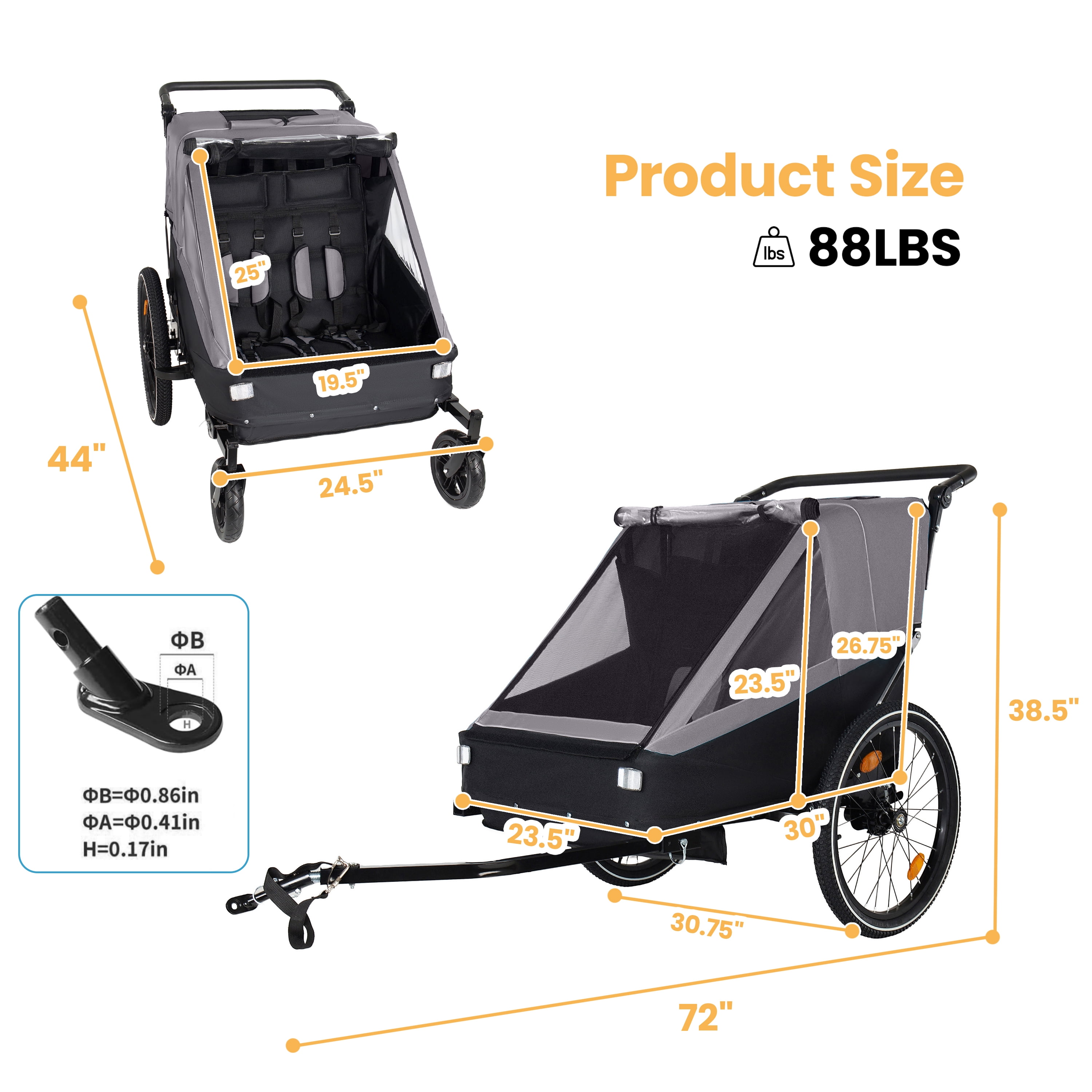 2 in 1 Kids Bike Trailer & Stroller, Jogging Design for 1-2 Children, Foldable with Universal Hitch, 5-Point Harness & Storage Bags for Outdoor Use