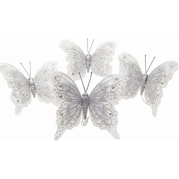 Set of 12 Glitter Monarch Feather Butterfly Floral Picks (White/Silver)