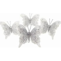 Set of 12 Glitter Monarch Feather Butterfly Floral Picks (White/Silver)