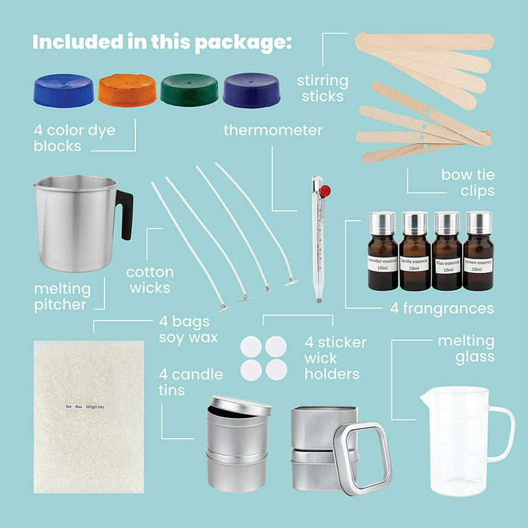 DIYARTZ DIY Candle Making Kit Supplies Makes Four Scented Soy Candles  Includes Wax, Tins, Wicks, Pouring Pitchers, Fragrances, Dyes, Stirring  Sticks, Thermometer Candles Art & Craft Set 