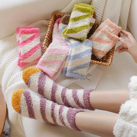 CNEJRHG 1Pair Womens Diagonal Striped Color Block Coral Fleece Socks Fuzzy Plush Mid Calf Socks for Women Autumn Winter Warm Cozy Winter Lounge Sleeping Floor Crew Socks, US Size 5-9 Green