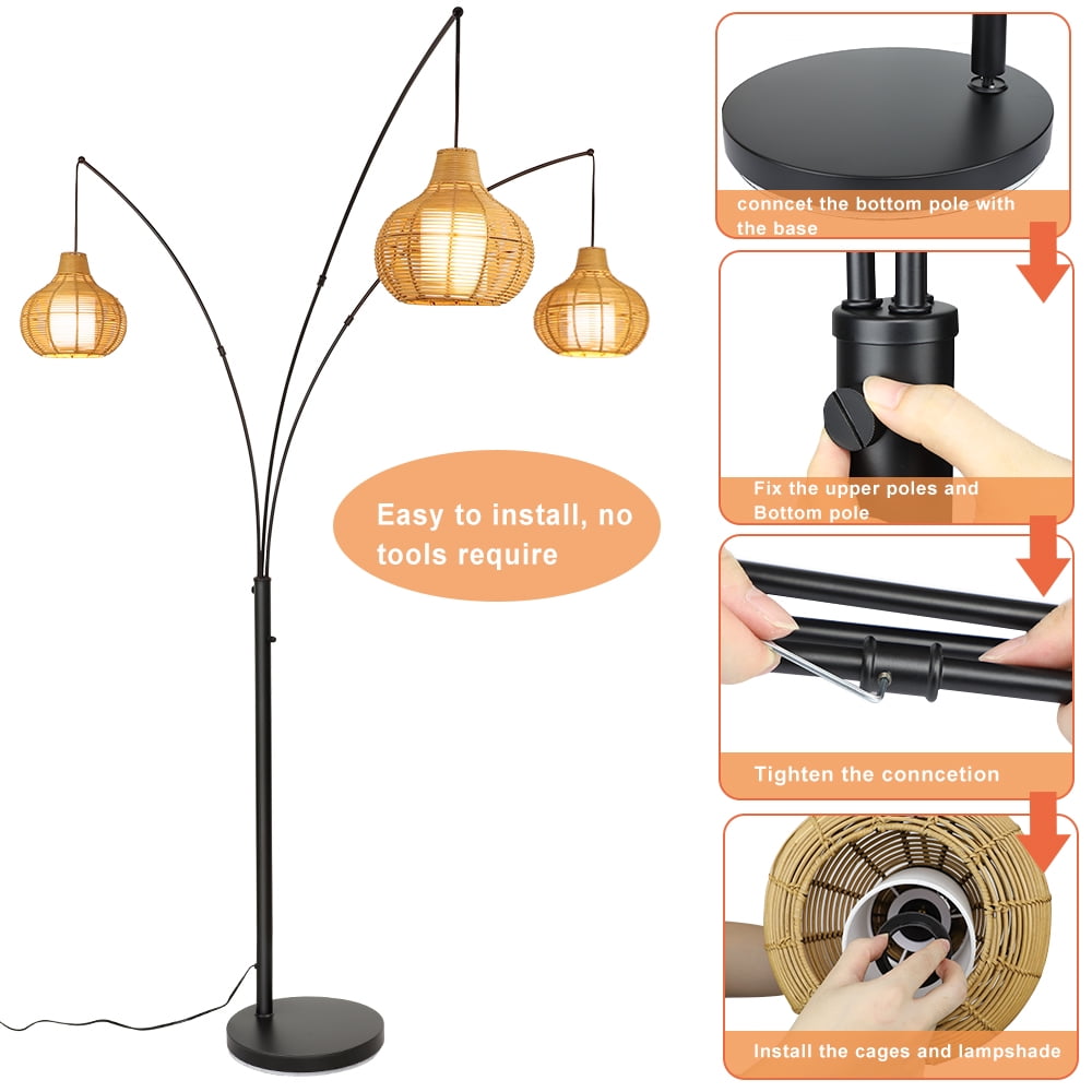 Depuley 90-Inch 3 Light Farmhouse LED Floor Lamp with Adjustable Heads and Rattan Lampshades, E26 Bulb