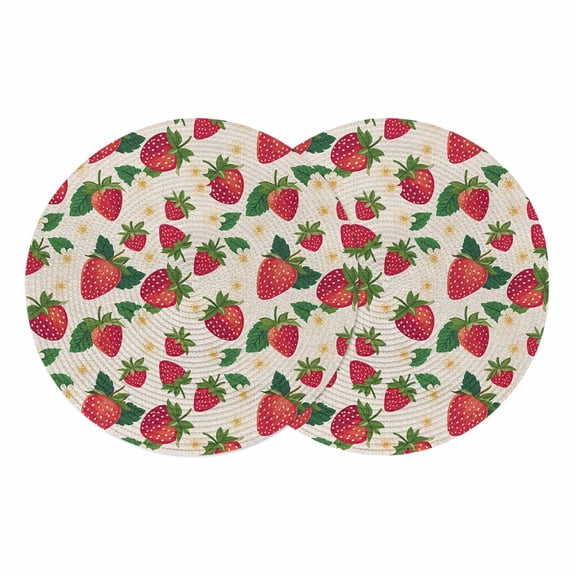 Strawberry Rustic Round 13 Inch Placemats Set of 2, Beige Spring Summer Floral Fruit HeatResistant Non Slip Place Mats for Dining Table, Wipeable Braided Kitchen Table Mats for Housewarming
