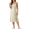 thumbnail image 2 of INSPIRAR CHIC Vestido de pijama sin mangas de satén para mujeres, camisón de cuello redondo, ropa de dormir, camisón de seda, bata de noche color caqui S, 2 of 6