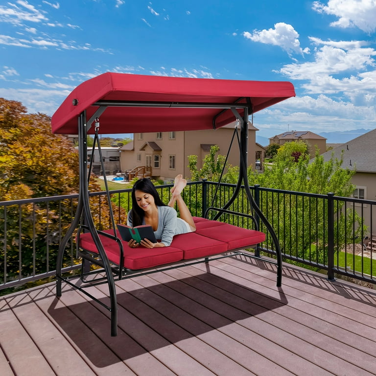 Pirecart 3 Person Patio Porch Swing Outdoor Converting Swing Glider Hammock with Adjustable Canopy Cushions