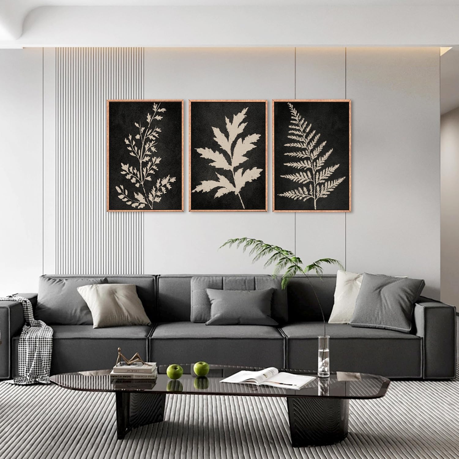 Black Tan Fern Leaf Framed Canvas Wall Art Set, Minimalist Botanical Wall Decor, Nature Fern Plant Silhouette Wall Painting, Modern Art Print for Living Room, Bedroom, Office 16"x24"x3