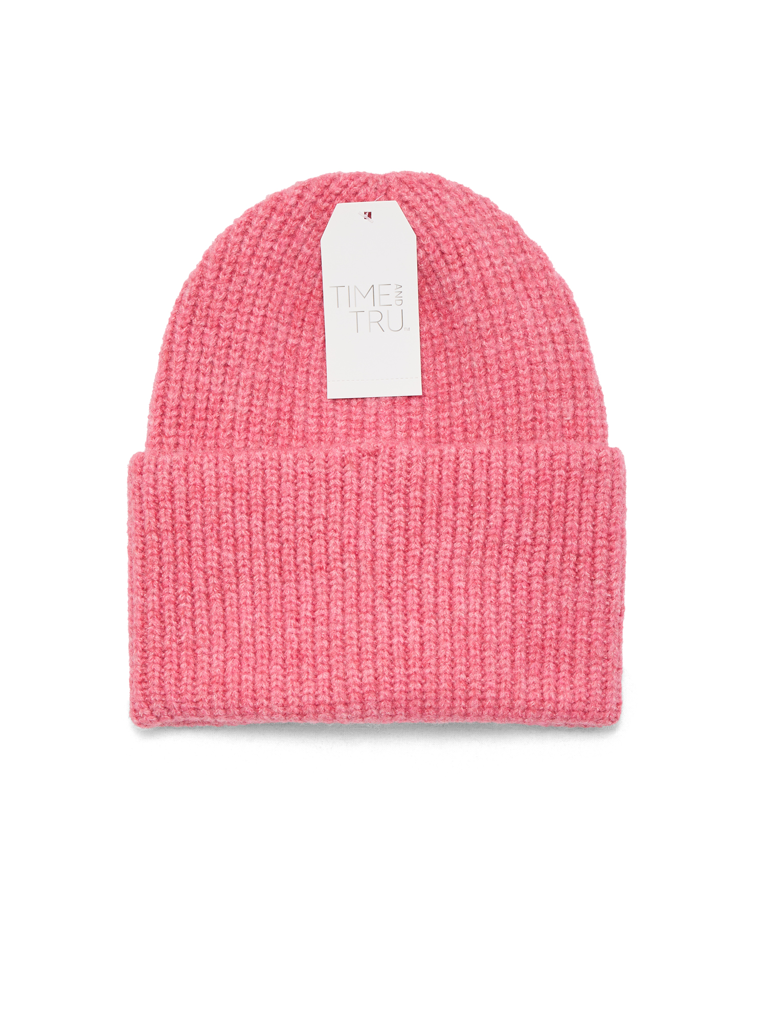 Time and Tru Women's Wide Cuff Beanie Hat, One Size, Pink