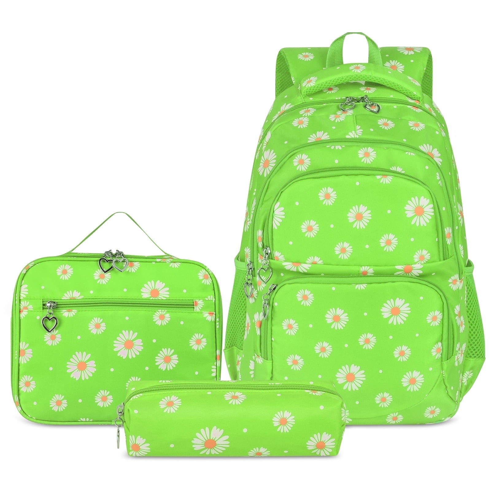Forestfish Teen Backpack Set with Insulated Lunch Bag & Pencil Case, Water-Resistant Nylon School Bag（Daisy A/Fluorescent Green）