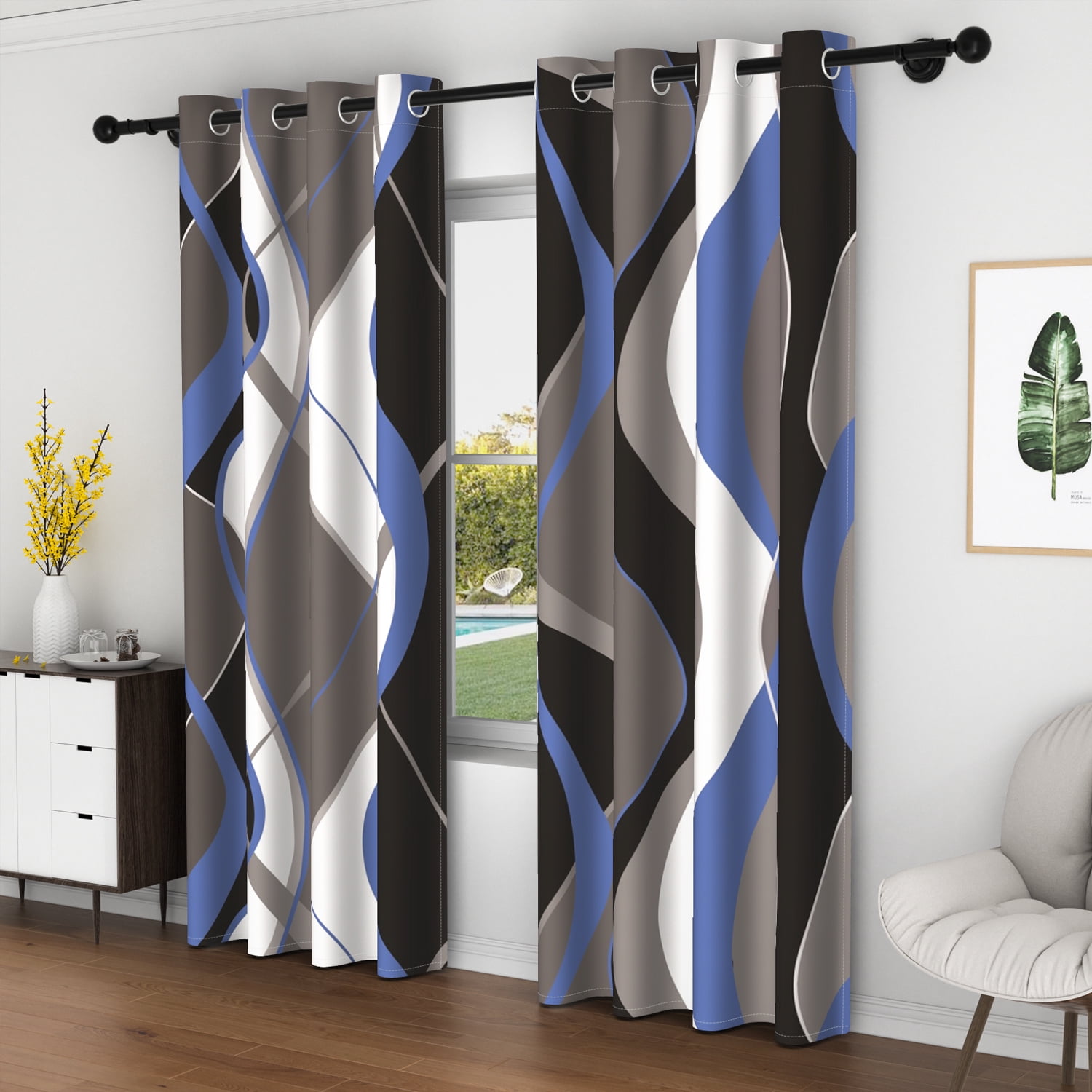 Lfeey Blackout Drapes 63 inch Long, Thermal Insulated Room Darkening Curtains, Blue Fluid Pattern, 2 Panels set