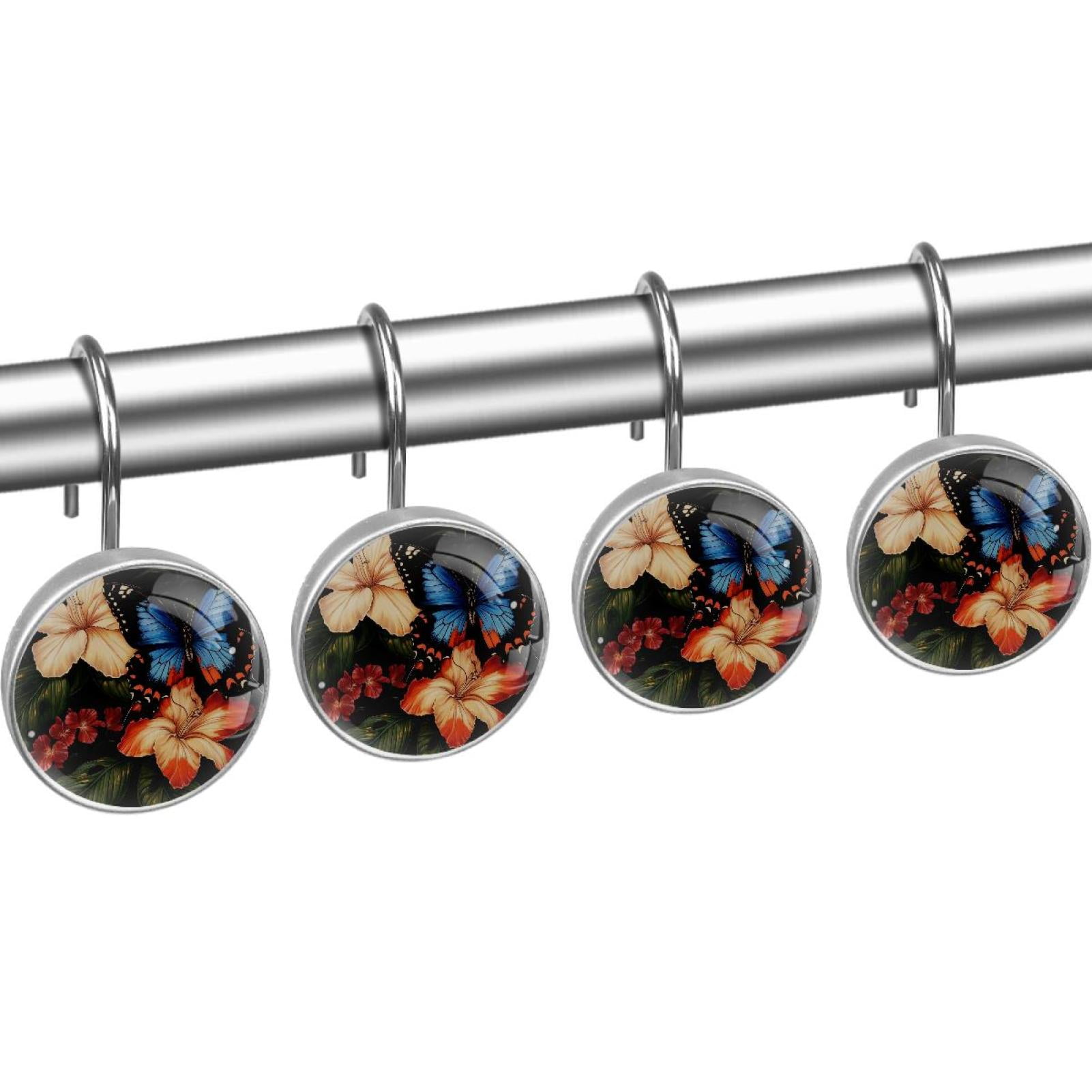 Blue Butterfly on Tropical Hibiscus Leave Shower Curtain Hooks Round Crystal Glass, Set of 12 Shower Curtain Rings - Shower Hooks for Curtain Shower Rings
