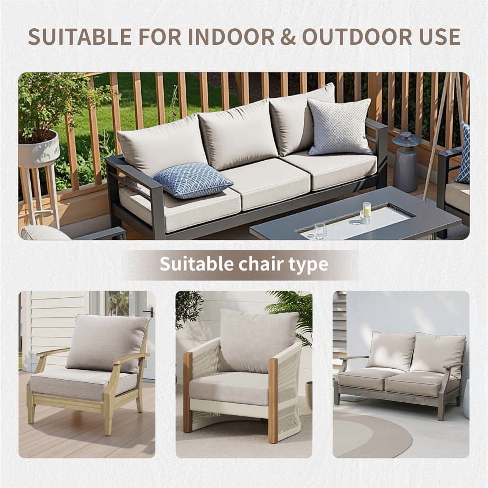 24" x 22" x 6" Outdoor Seat and Back Cushion, Pack of 2, Replacement Furniture Cushions Deep Seating for Patio Sofas Chairs, Beige