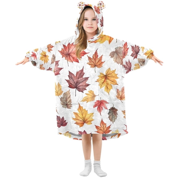 FORMRS Wearable Blanket Hoodie with Sleeves for Kids Cozy Flannel Sweatshirt, Gray Autumn Leaves