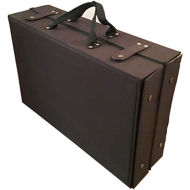 INTBUYING 64 Pairs Portable Eyeglasses Display Case, a black PU leather organizer with a foldable suitcase design, featuring a convenient handle for carrying. Holds up to 64 pairs of medium-sized sunglasses or optical glasses, ideal for storage and exhibitions indoors or outdoors.