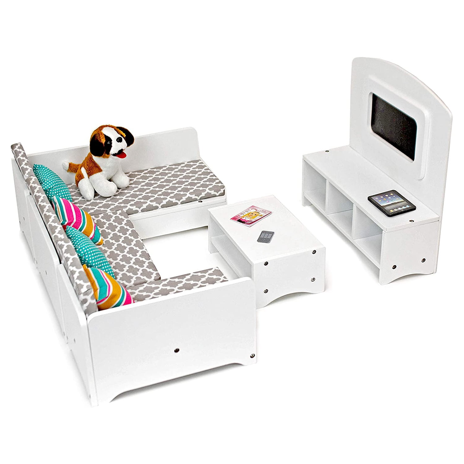 Playtime by Eimmie Wood Sectional Sofa Set w/ Accessories for 18" Dolls