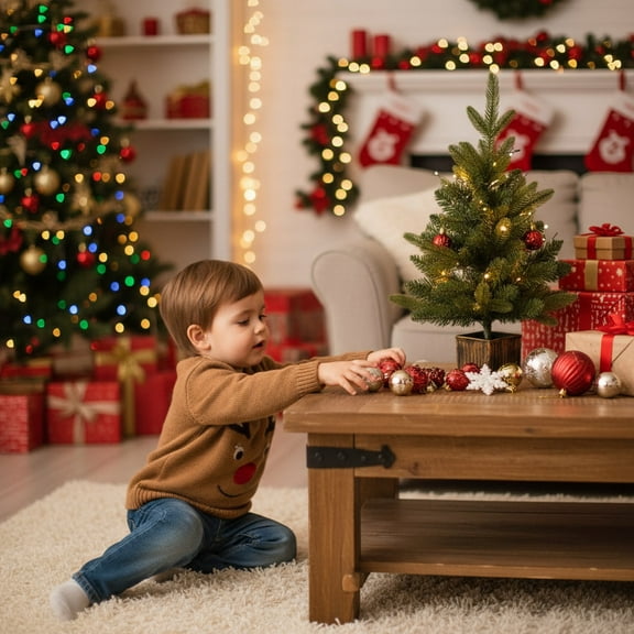 24 inch Table Top Christmas Tree Small Artificial Xmas Tree Mini Christmas Tree with Square box Base, Miniature Christmas Decor for Home and Office Desk