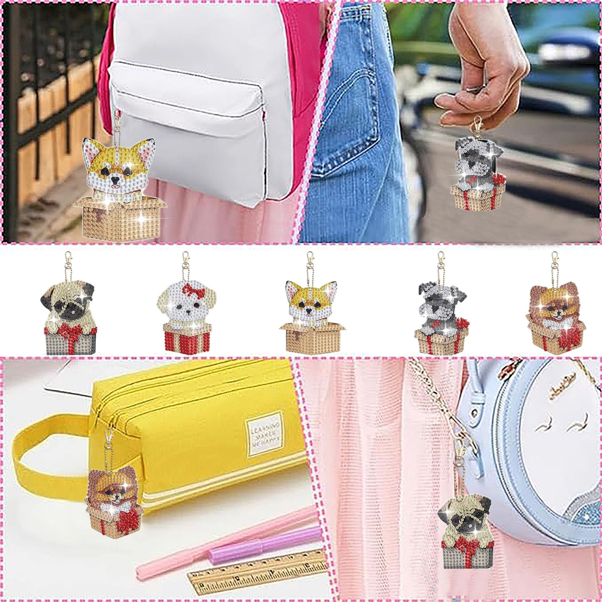 5pcs 5D dog diamond painting keychain kit, double-sided diamond art keychain, DIY handmade crafts, DIY for children and adult beginners, keys, mobile phones, backpack accessories