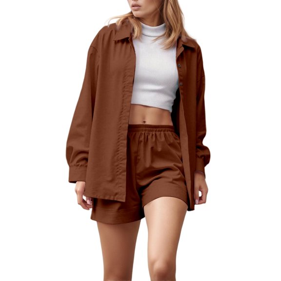 JIAYUE Women 2 Piece Outfits Sets Long Sleeve Casual Lapel Spring Summer Fall Everyday Wear Button Down Shirt With Comfortable Shorts Loungewear Female Breathable Clothing Set