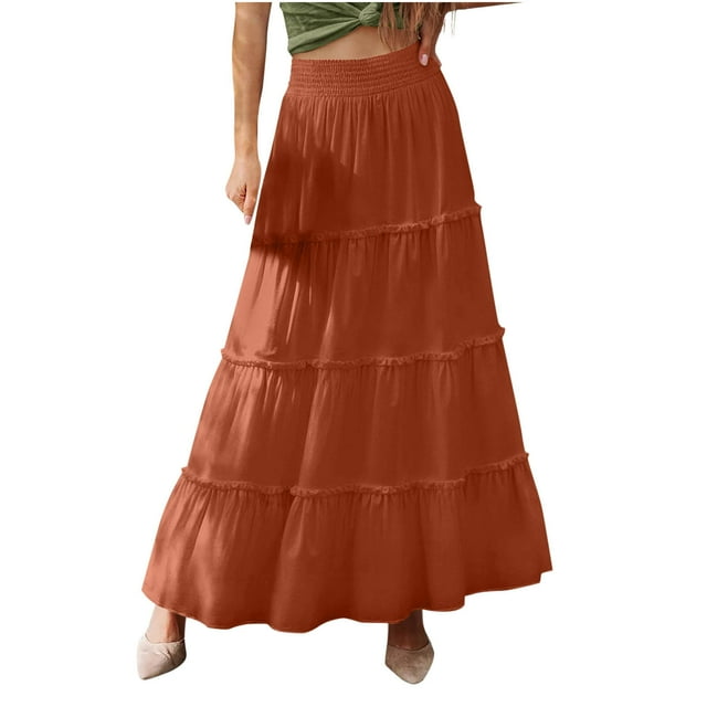 Besolor Women's Summer Boho Maxi Skirt Ruffle Tiered Elastic High Waist A-Line Flowy Beach Vacation Long Skirts