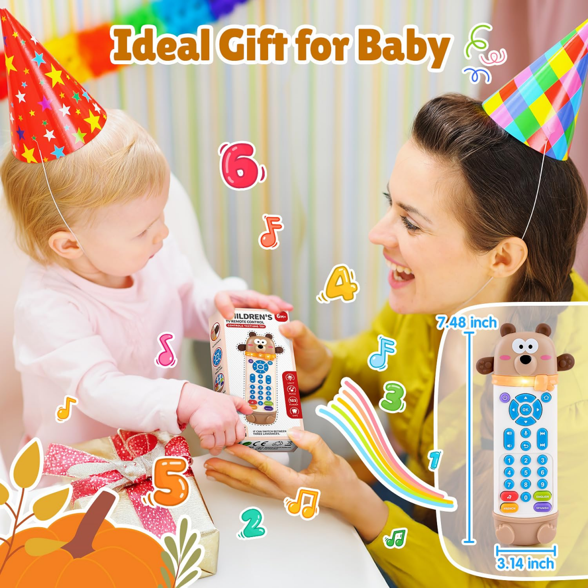 Baby Remote Control Toy with Silicone Teether, Remote Teether for Baby with Realistic Lights and Sounds - 3 Languages (English, Spanish & French), Baby Musical Toys Gifts for Boys Girls 6 Month+