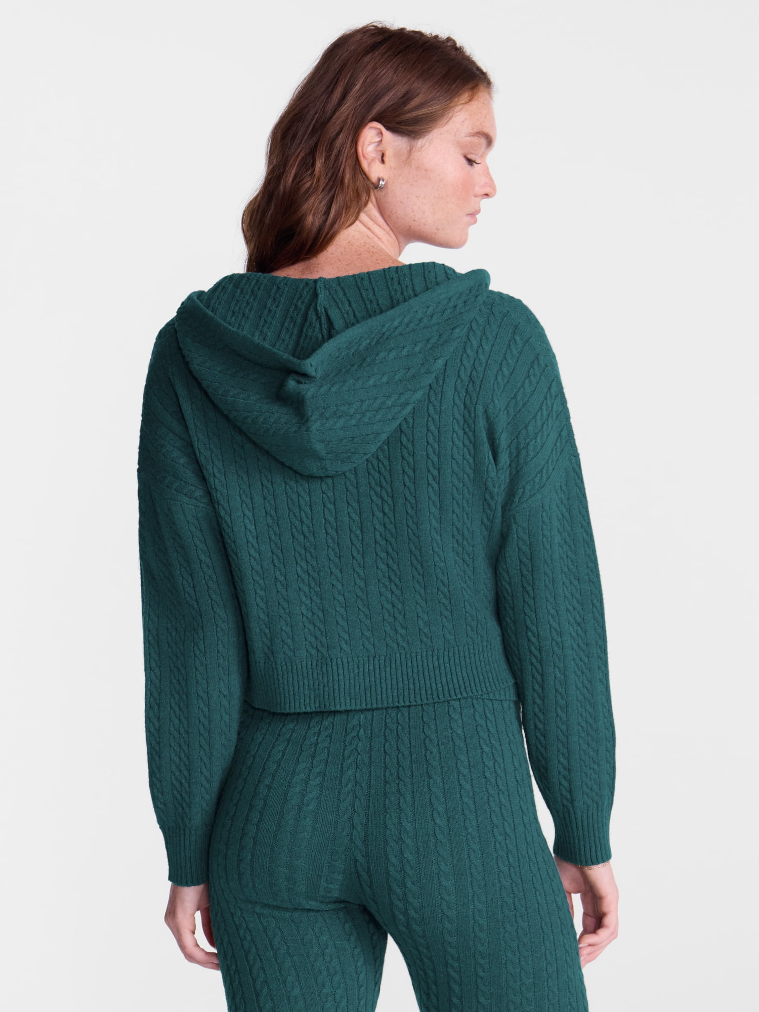 No Boundaries Cable Knit Zip Up Sweater with Hood, Women's XXS-XXL
