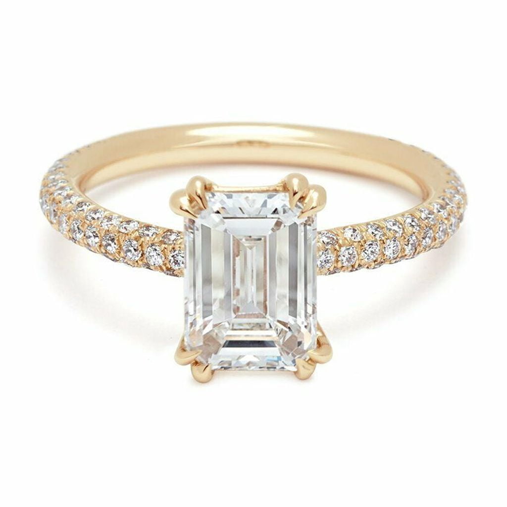 HeartsAndYou 2ct Emerald Moissanite Engagement Ring for Women 18k Yellow Gold over Silver Solitaire with Accent