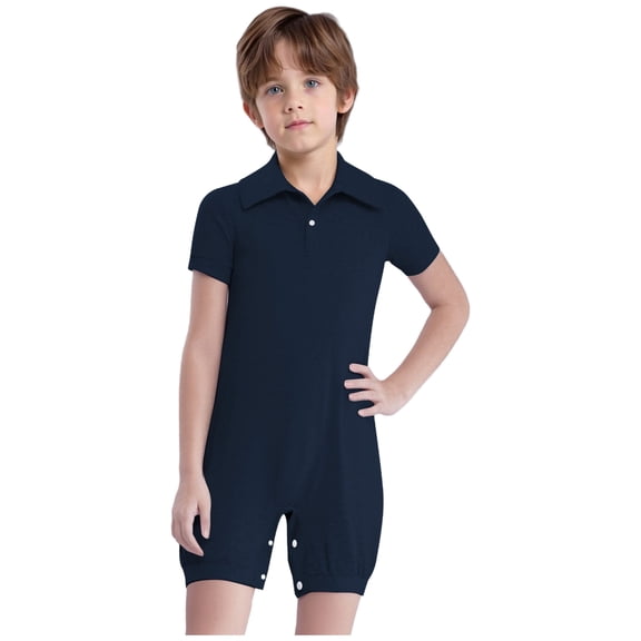 TTAO Adaptive Clothing For Boys Girls Short Sleeve Bodysuit Romper With Special Needs Knee Length Jumpsuit Navy Blue 6