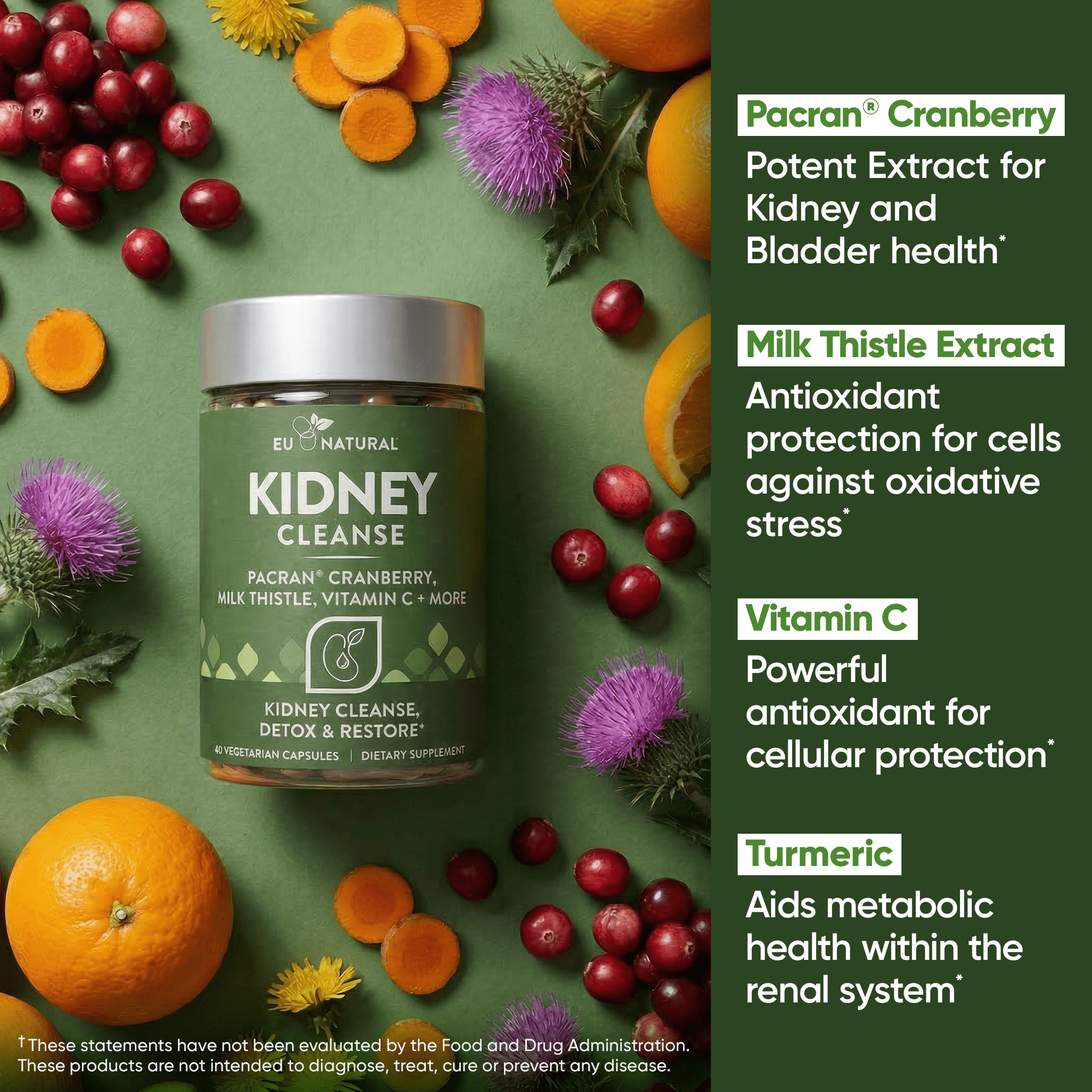 Eu Natural Kidney Cleanse Detox Supplement - Advanced Kidney Support Formula with Cranberry Pacran, Dandelion Root, Turmeric & Milk Thistle - 60 Capsules